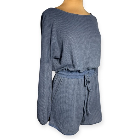 Kori America Blue Long Sleeve Waffle Knit Drawstring Shorts Romper Size Small - Picture 3 of 7